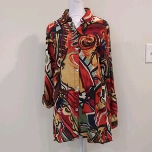 John Mark Top Womens S Button Blouse Colorful Abstract Tribal Long Sleeve Top